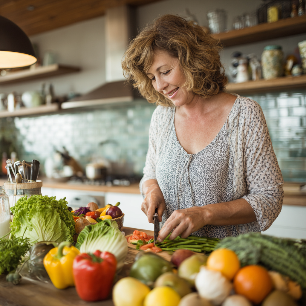 Middle-aged woman preparing healthy meal with fresh vegetables and fruits in modern kitchen